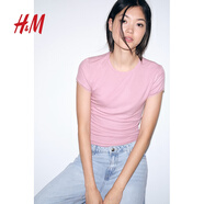 H&M女裝T恤2025秋新款修身蕾絲羅紋修身波嬉風穿搭短袖上衣1259418 灰粉色 S 160/88