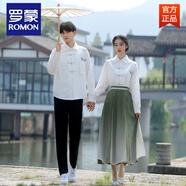 羅蒙（ROMON）新中式情侶裝設計感復古民國風(fēng)長(cháng)袖翻領(lǐng)一字扣一衣一裙男襯衫潮 女套裝 3XL
