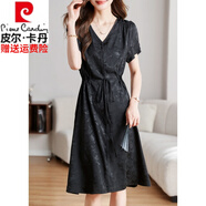 皮爾卡丹高檔連衣裙女2025夏季新款感V領(lǐng)赫本風(fēng)通勤優(yōu)雅提花顯瘦裙子 黑色V領(lǐng)提花連衣裙 M 90-106斤