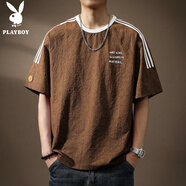 花花公子;PLAYBOY高端冰絲涼感速干泡泡紗短袖t恤男寬松印花圓領夏季薄款半袖體恤 深卡其 4XL 適合200-220斤