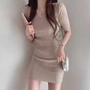 浪莎韓國(guó)chic氣質(zhì)顯瘦V領(lǐng)修身坑條包臀小個(gè)子螺紋冰爽絲針織連衣裙女 杏色 均碼
