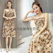 OVMATTU品牌歐麥圖碎花連衣裙女裝新品夏季2019新款復(fù)古仙女顯瘦性感小個子吊帶裙子潮 花卡其 均碼