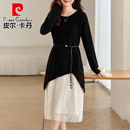 皮爾卡丹（pierre cardin）2025新款新年紅色連衣裙女春秋蕾絲下擺過(guò)膝長(cháng)裙搭配上衣內搭毛衣 黑色 XL 建議120-130斤