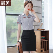 晨芙條紋襯衫女夏季時(shí)尚氣質(zhì)酒店服務(wù)員工作服職業(yè)襯衣收銀員接待工裝 3151灰條襯衫+黑色半裙 S 建議80-90斤