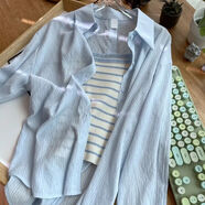 FHHUABD兩件套裝女日系溫柔小眾設計感軟寬松春秋款薄防曬襯衫上衣服外套 天藍色綁帶襯衫+藍色條紋背心 XL  【建議110-125斤】