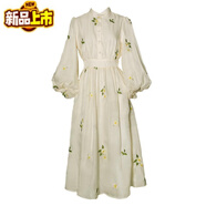 初徑2025早春《風(fēng)過(guò)林梢》法式復古少女繡花燈籠袖連衣裙仙女裙氣質(zhì)秋 淺杏色繡花 S