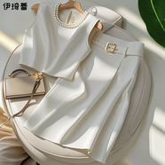 伊琦蕾（YIQILEI）小個(gè)子夏季搭配一整套名媛氣質(zhì)時(shí)尚減齡小香風(fēng)上衣半身裙兩件套裝 白色背心+白色半身裙 兩件套 M 建議95-105斤