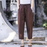 衣瑾帛社（YJ.BoShe）夏季亞麻休閑褲女高腰拼接八分哈倫褲女寬松顯瘦麻褲子 咖啡色 均碼