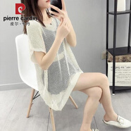 皮爾卡丹寬松鏤空蝙蝠針織衫薄女上衣純色2025夏季新款胖mm大碼T恤外套潮 米色 M