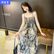 顧夕岑2025新款夏季吊帶連衣裙女A字雙層無袖雪紡碎花裙韓版中長裙子 中國風(fēng)黑色 2XL