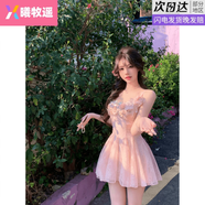 曦牧遙法式粉色花朵吊帶連衣裙女夏季辣妹海邊度假絕美修身網(wǎng)紗蓬蓬裙子 粉色吊帶裙原版質(zhì)量 S 80到100斤左右