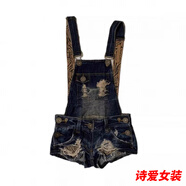美安嘉復古做舊水洗磨破連體超短褲女歐美式辣妹百搭顯瘦a字包臀背帶褲 藍色好質(zhì)量 S