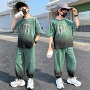 樂(lè )班比童裝男童套裝潮流夏裝兒童服裝2025新款帥酷短袖長(cháng)褲套裝中大童潮 綠色 120 (適合身高115CM)