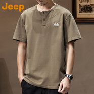 吉普（JEEP）美國正品Jeep高端純棉亨利領(lǐng)短袖T恤男夏季新款復古寬松半袖體恤 棕咖色【官方正品】 XL 推薦135-150斤