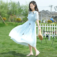 BMOI娃娃領(lǐng)學(xué)院風(fēng)少女連衣裙夏季初中學(xué)生高中女生夏裝長(cháng)款過(guò)膝長(cháng)裙子 藍色 S 70-90斤