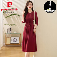 皮爾卡丹（pierre cardin）杭州高端桑蠶絲純色連衣裙木耳邊圓領(lǐng)時尚褶皺顯瘦大擺真絲裙子夏 酒紅 M