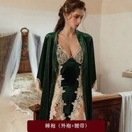 FHHUABD法式蕾絲金絲絨睡裙女 秋冬純欲性感吊帶短裙睡衣居家睡袍套裝潮 墨綠色(外袍+腰帶) XL (建議121-140斤)