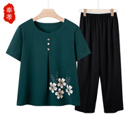 奉孝中老年媽媽裝夏季短袖套裝寬松老年人夏裝女老人衣服奶奶棉綢上衣