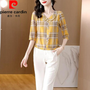皮爾卡丹（pierre cardin）小個(gè)子短款上衣娃娃領(lǐng)格子七分袖棉麻襯衣女2025年夏季格紋襯衫 黃色 M 95斤以內(nèi)