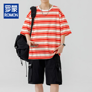 羅蒙（ROMON）T恤短袖美式條紋落肩 短袖t恤夏季男士 微闊寬松海魂衫五分袖體恤 紅白條紋 M