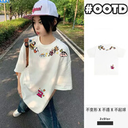 文頗100%純棉潮牌設計感個(gè)性卡通印花男女學(xué)生寬松透氣短袖t恤上衣ins 290克-白 S 建議85-95斤