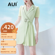AUI 綠色連衣裙女夏2023新款歐根紗泡泡袖名媛氣質(zhì)小個子西裝裙 綠色 M