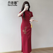 丹珠娜（DanZhuNa）新中式連衣裙女裝2025夏季新款氣質(zhì)改良國(guó)風(fēng)少女旗袍改良裙子夏天 9610紅色旗袍（無飾品） M