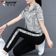 啄木鳥(niǎo)品牌休閑運動(dòng)套裝女連帽薄款夏季2025新款中式時(shí)尚休閑褲兩件套女 黑花 M (建議85-100斤)