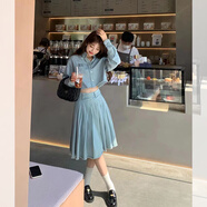 YUMOMO時(shí)尚牛仔套裝毛邊襯衫女/壓褶半身裙 淺藍色 牛仔淺藍襯衫 現貨 S