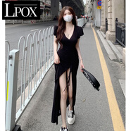 LPOXV領(lǐng)褶皺開叉連衣裙女夏季2025新款御姐風(fēng)收腰顯瘦氣質(zhì)短袖長裙子 9328#黑色 M 建議90-100斤