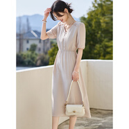 尚靜優(yōu)雅氣質淑女連衣裙夏季款簡約時尚收腰顯瘦A字裙 淺卡其色  L 