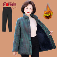 俞兆林（YUZHAOLIN）中老年女冬裝加厚棉襖媽媽款棉布格子棉服奶奶老太太短款小棉衣 322 綠色格 + 黑色加絨褲 XL 90-105斤