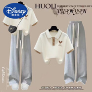 迪士尼（Disney）女童夏季小清新套裝少女初中學(xué)生POLO領(lǐng)短袖T恤休閑闊腿褲兩件套 杏拼卡其上衣+灰色褲子 130 cm