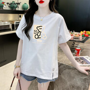 啄木鳥韓版下擺開叉純.棉短袖T恤女夏季寬松大d碼中長(zhǎng)款遮臀半袖上衣女 白色AD0204 S 80斤-110斤內(nèi)
