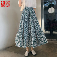 莜仙格夏季碎花雪紡百褶高腰半身裙子女夏季2024新款小個子a字半裙長裙 綠色 L 建議 110-125斤