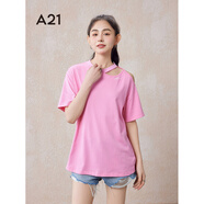 A21女裝寬松圓領(lǐng)破洞露肩棉T恤夏季新款設計感多巴胺落肩短袖上衣 鮮粉紅 S