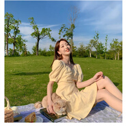 夏蓓朵露腰背裙子法式方領(lǐng)連衣裙女夏小個(gè)子設(shè)計(jì)感小眾收腰顯瘦甜美減齡 淡黃色短款 M 45/55kg