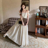 斤慕連衣裙夏一字肩波點(diǎn)短袖法式小眾設計感小飛袖女甜美長(cháng)裙褶皺收腰 杏色波點(diǎn) M