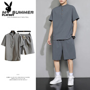 花花公子（PLAYBOY）休閑套裝男夏季薄款亞麻中國風(fēng)復(fù)古立領(lǐng)短袖t恤搭配短褲穿搭一套 TZ999灰色【短褲套裝】 L (約110-125斤可穿)