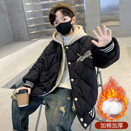 OLOEY男童秋冬裝棉衣外套加絨加厚2024新款男孩大童冬款棉服棒球服棉襖 黑色 120 cm
