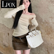 LPOX欲小心ji一字肩針織打底衫女秋冬季加厚毛衣設計感長袖別致上衣 一字肩毛衣-奶杏色[] 厚款 S 建議75-90斤