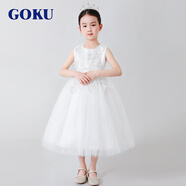 GOKU女童中大童公主裙夏季長款禮服蓬蓬裙鋼琴演出服主持人花童連衣裙 白色 130 （建議體重41-50斤）