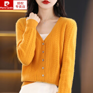 皮爾卡丹100％純羊毛針織開(kāi)衫女短款初秋2024新款V領(lǐng)毛衣外套甜美羊毛V領(lǐng) 姜黃色 M 90-105斤