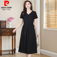 皮爾卡丹（pierre cardin）棉綢連衣裙中長款系帶夏季收腰顯瘦新款修身時尚多巴胺裙子女 純黑 4XL (建議155-165斤)