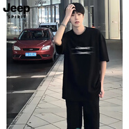 JEEP SPIRIT吉普美式高街個(gè)性字母短袖T恤男夏季休閑潮牌重磅寬松小領(lǐng)口上衣 黑色【高質(zhì)量純棉】 S