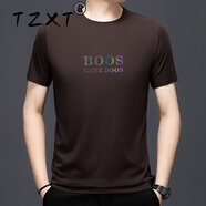 TZXT輕奢高檔冰絲圓領(lǐng)短袖t恤男修身夏季新款涼感上衣休閑半袖體恤衫 80731咖色【短袖】 XL 175建議140-160