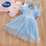 迪士尼愛(ài)莎公主裙女童夏季艾莎小童短袖愛(ài)沙生日裙子網(wǎng)紗蓬蓬高端連衣裙 主圖款藍色 120