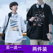 百鵲亭（BAIQUETING）【買一送一】印花短袖T恤男夏季2025新款五分袖男生半袖體恤 T193黑色+T191白色 6XL