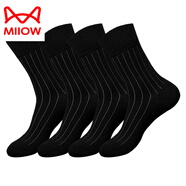 貓人（MiiOW）男士精梳純棉春秋中筒條紋紳士英倫商務(wù)西裝皮鞋黑色正裝襪子 黑色條紋 4雙 均碼 (38-44)