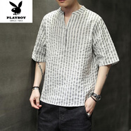 花花公子（PLAYBOY）條紋短袖男中國風(fēng)亞麻t恤男夏大碼300斤棉麻半袖寬松冰絲體恤上衣 白色 L 建議90-135斤